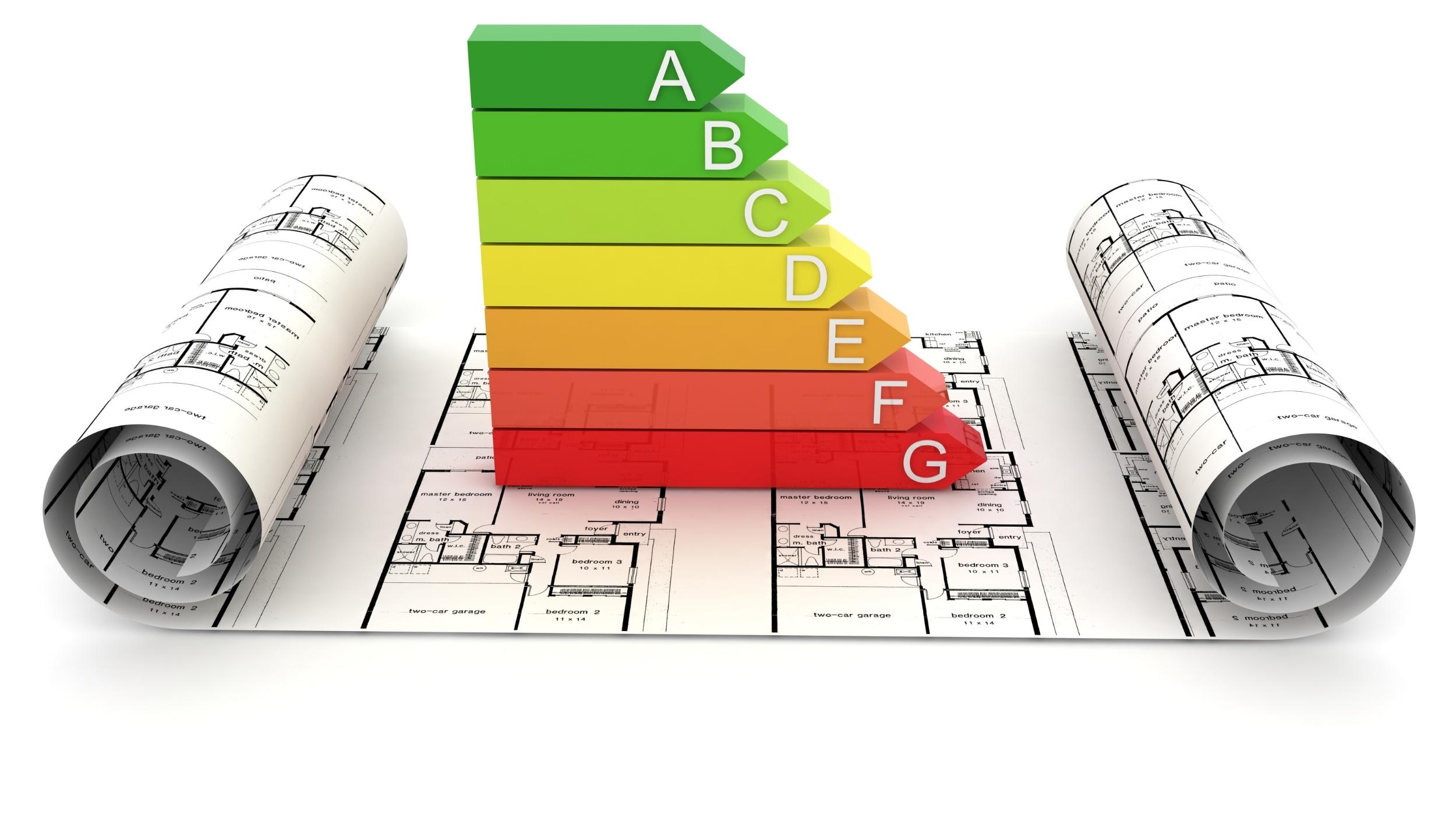 Energy-efficient lighting graphic on a house plan